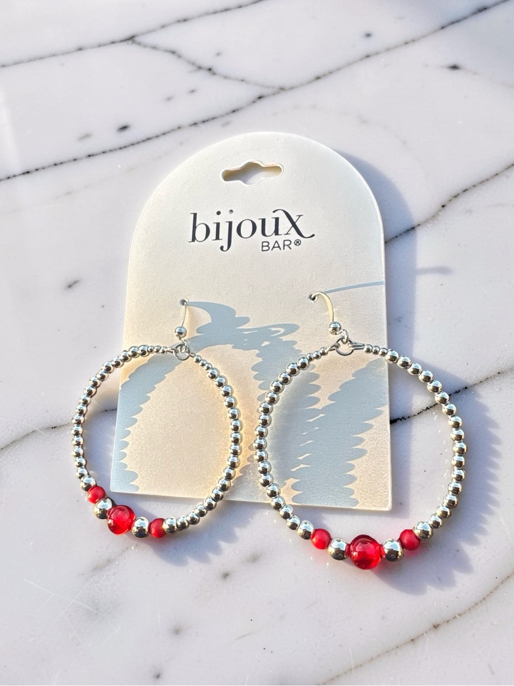Bijoux Bar Silver Hoop Earrings with Red Beads